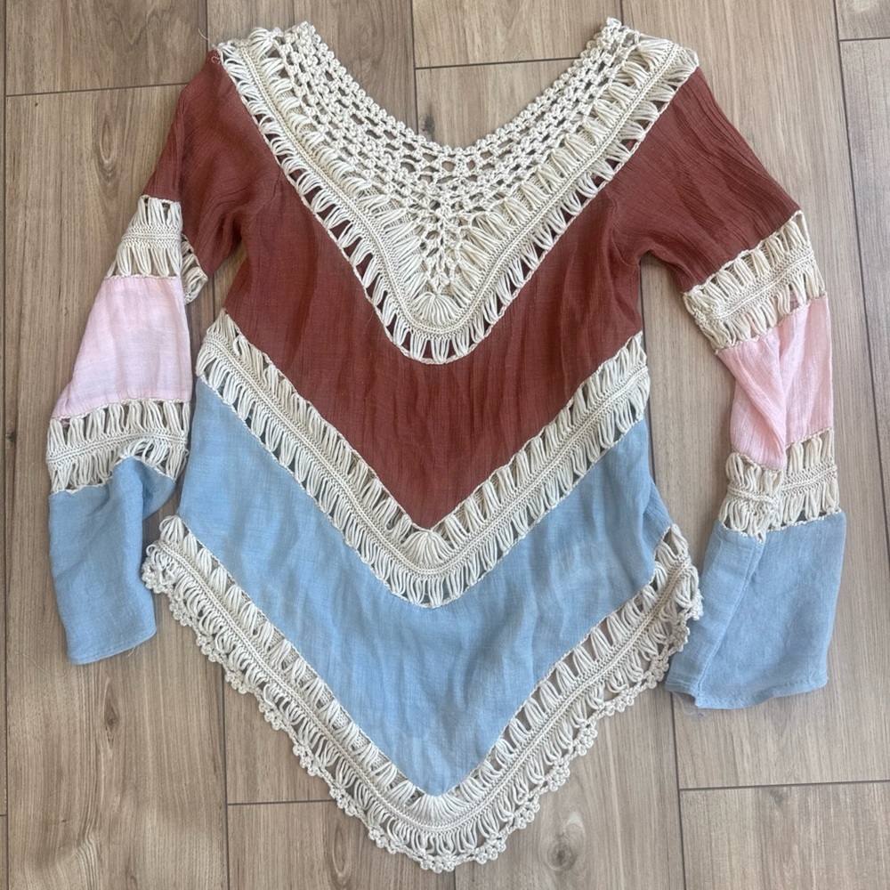 Beautiful Sz S Boho Hippie Crochet Gauzy Striped V-Neck Long Sleeve Top Coverup - Picture 3 of 10